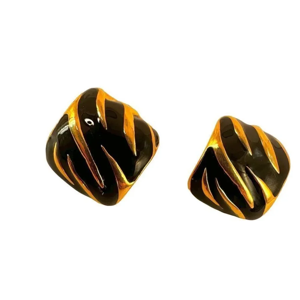 Gold tone and black square post earrings